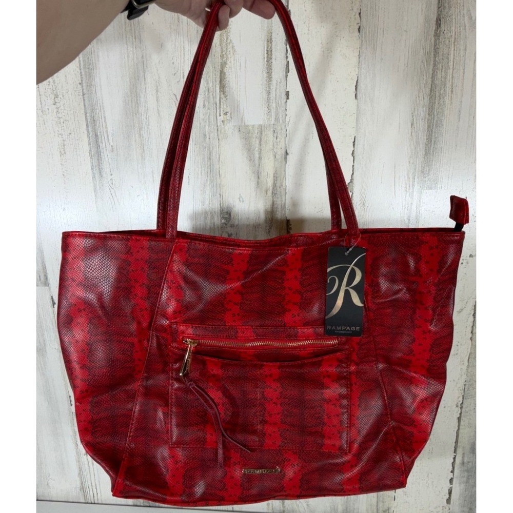 Rampage Large Tote Bag Red Snakeskin Vegan Leather Gold Hardware Statement Chic
